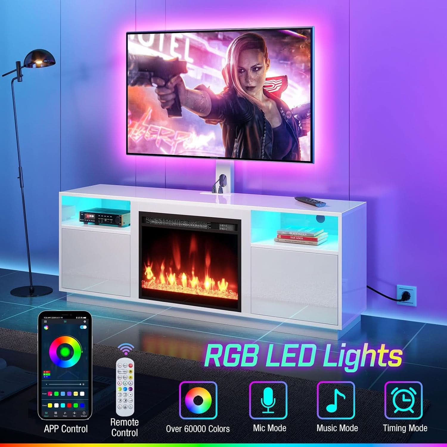 White Electric Fireplace TV Stand With Illumination