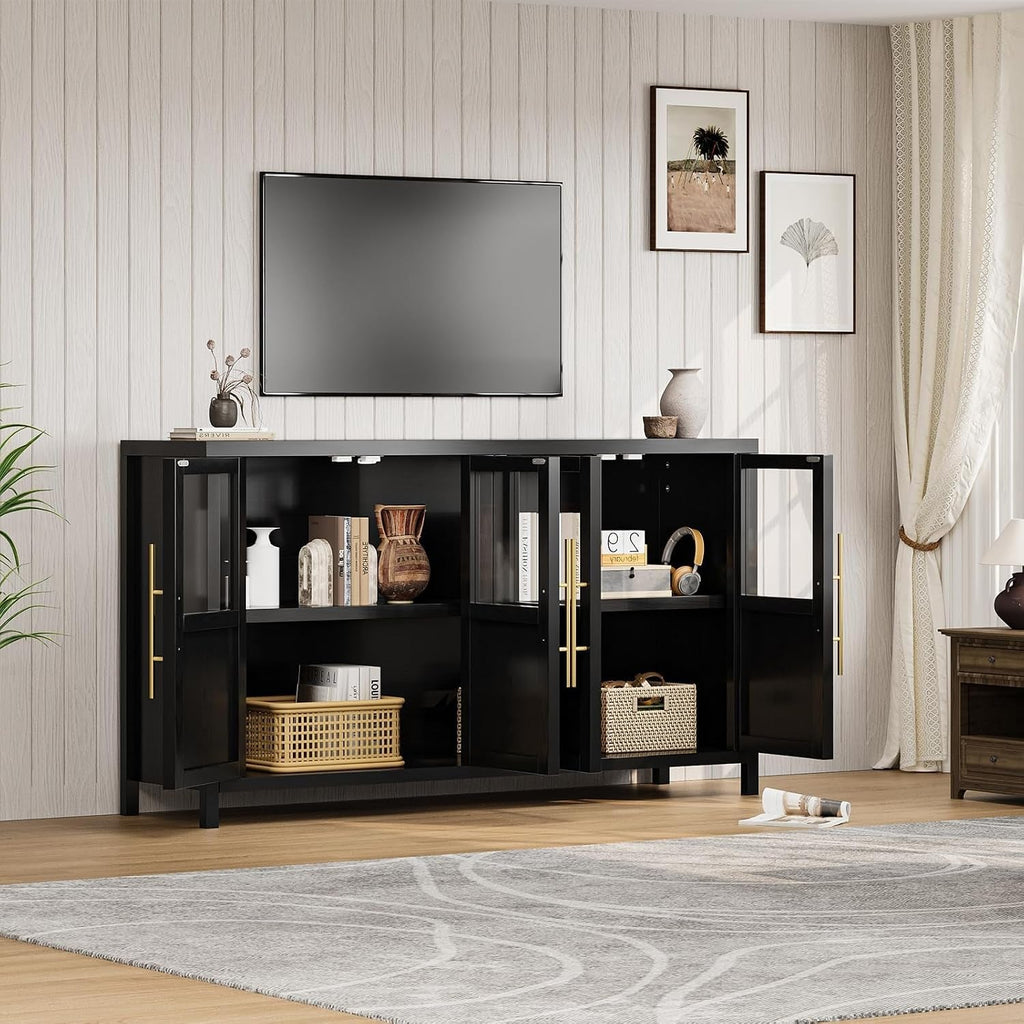 Glass Door Sideboard Cabinet 55Inch Contemporary Walnut-3