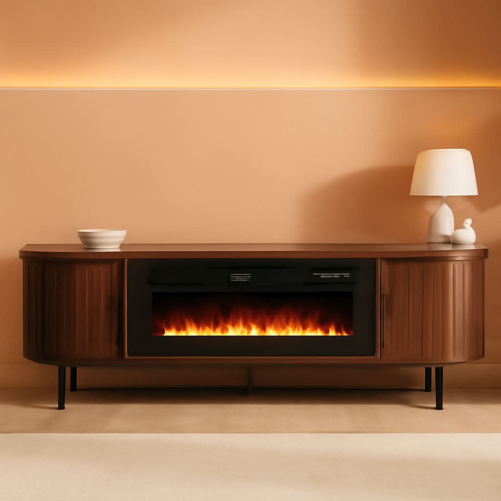 Seventy Inch Walnut TV Stand With Electric Fireplace-0