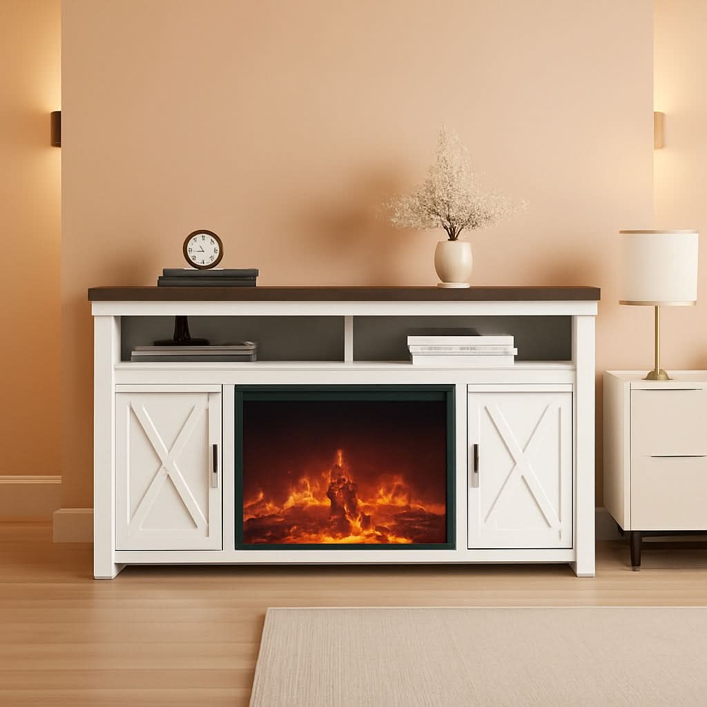 58 Inch White Farmhouse Fireplace TV Stand Cabinet-0