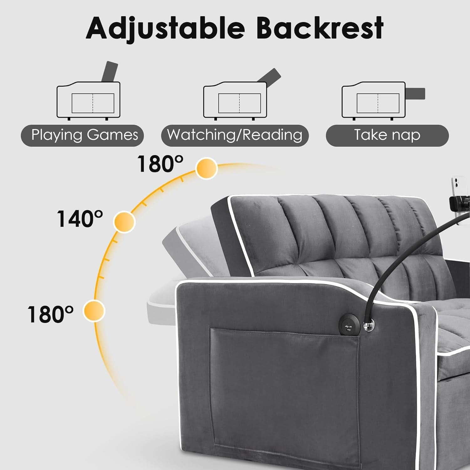 Velvet Charcoal Gray Adjustable Convertible Sleeper Sofa-2