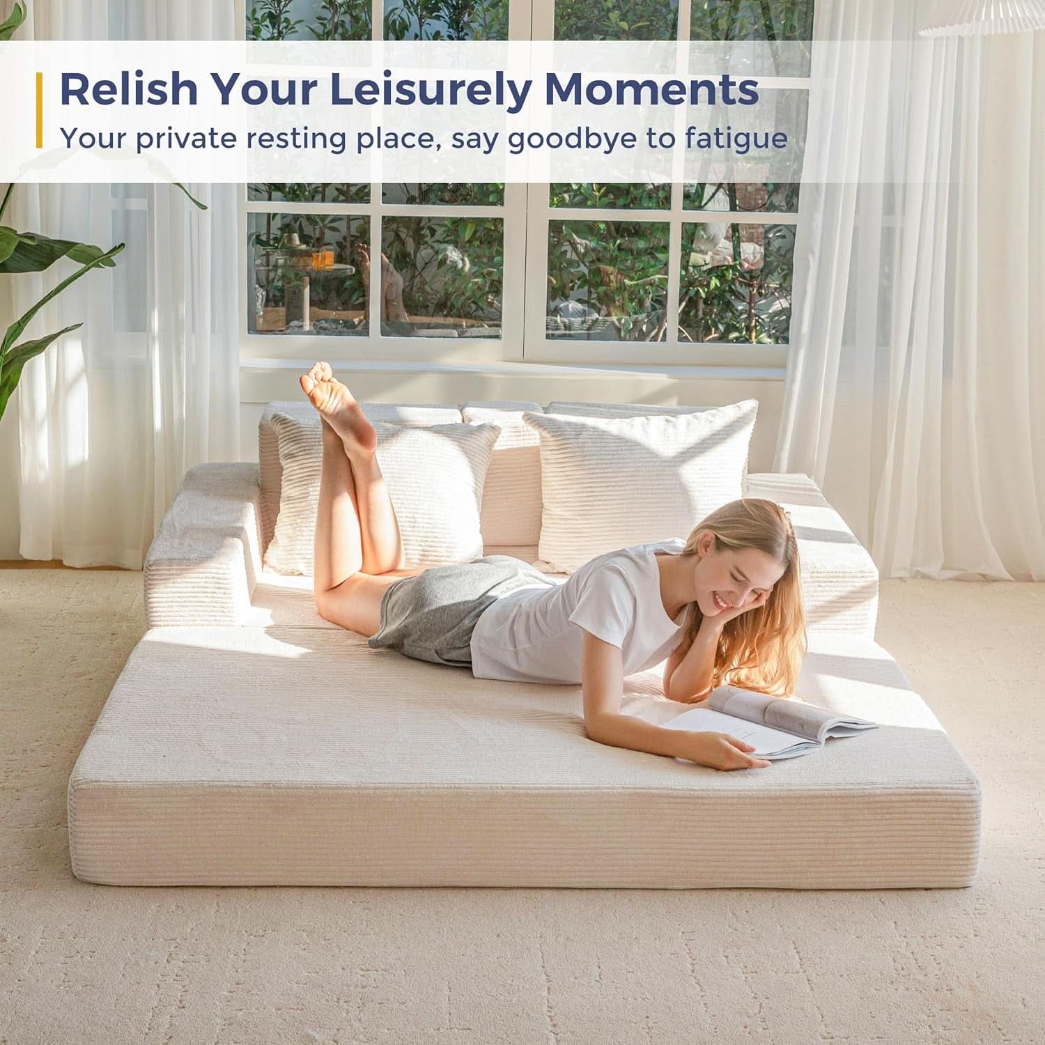 Beige Foldable Convertible Sleeper Sofa With CupHolders-2