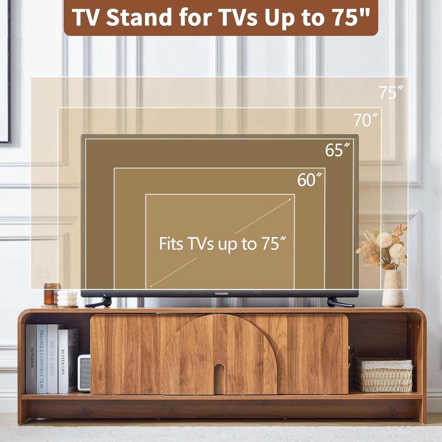 Walnut 63 Inch TV Stand Sliding Doors Entertainment-3