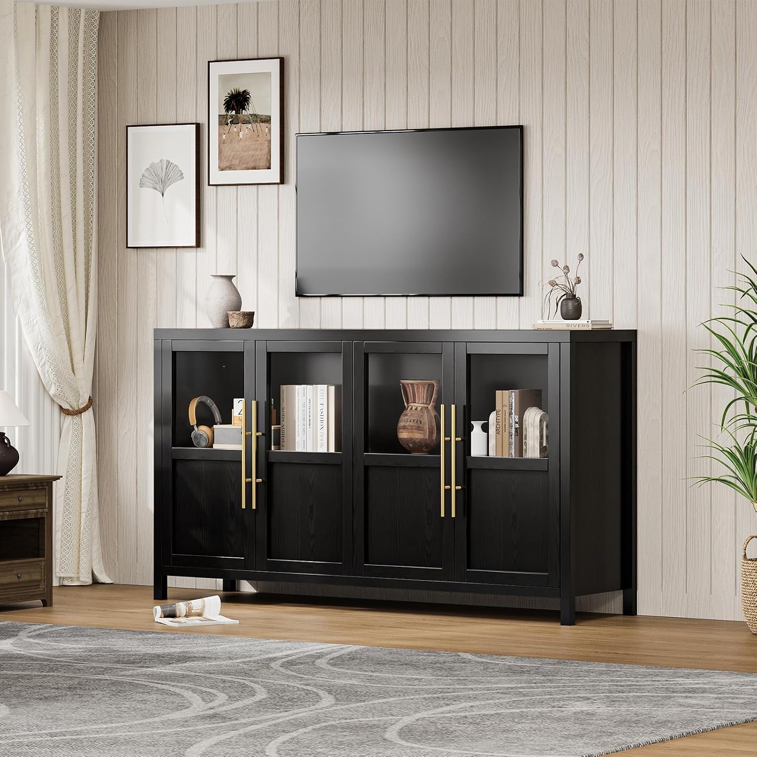 Glass Door Sideboard Cabinet 55Inch Contemporary Walnut-1