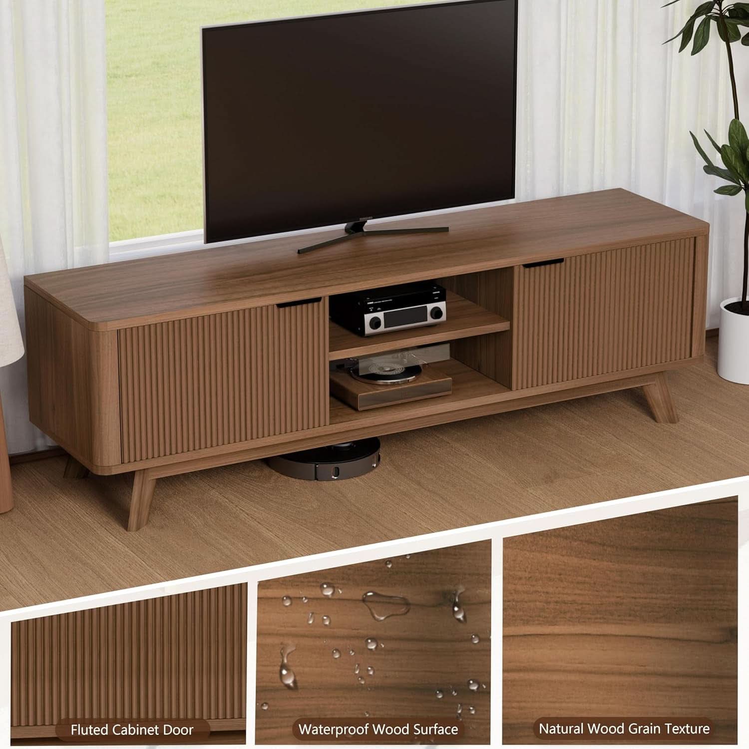 57-Inch Walnut TV Stand Featuring Concealed Storage-3