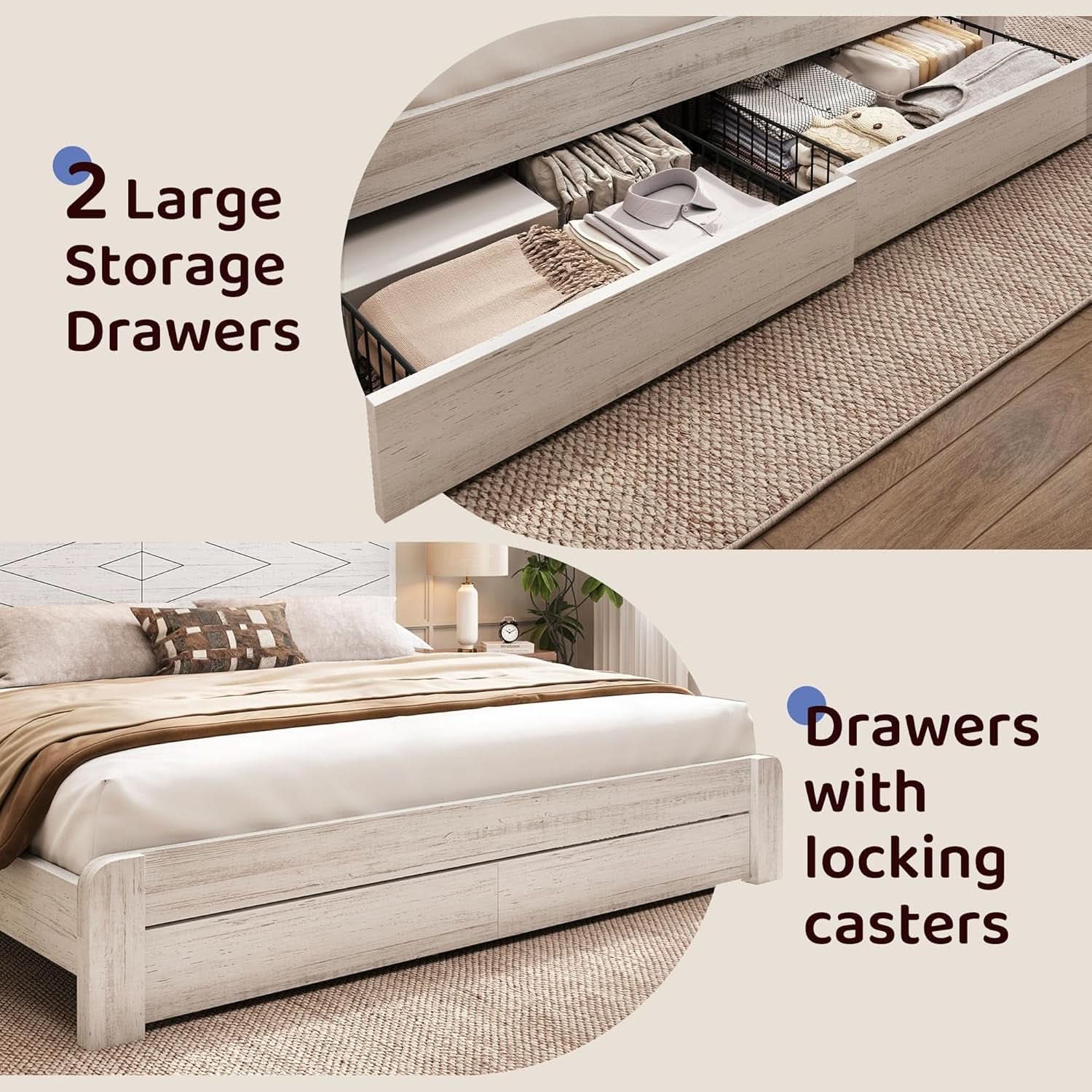 Queen Platform Bed Frame With Storage Drawers USB Charging LED