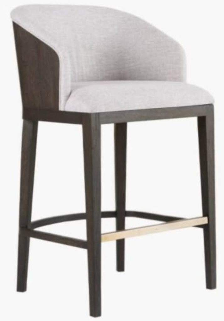 Upholstered Bar Stool – Linen & Dark Wood (Brass Footrest)