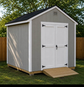 Storage Shed – Gray with White Trim (Double Doors + Ramp)