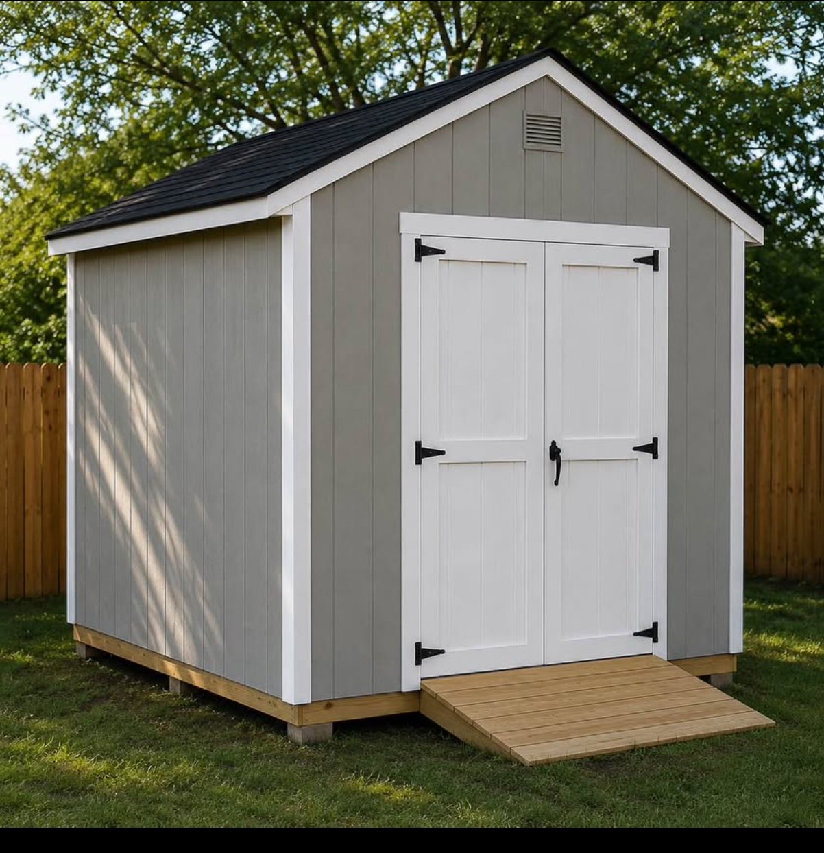 Storage Shed – Gray with White Trim (Double Doors + Ramp)