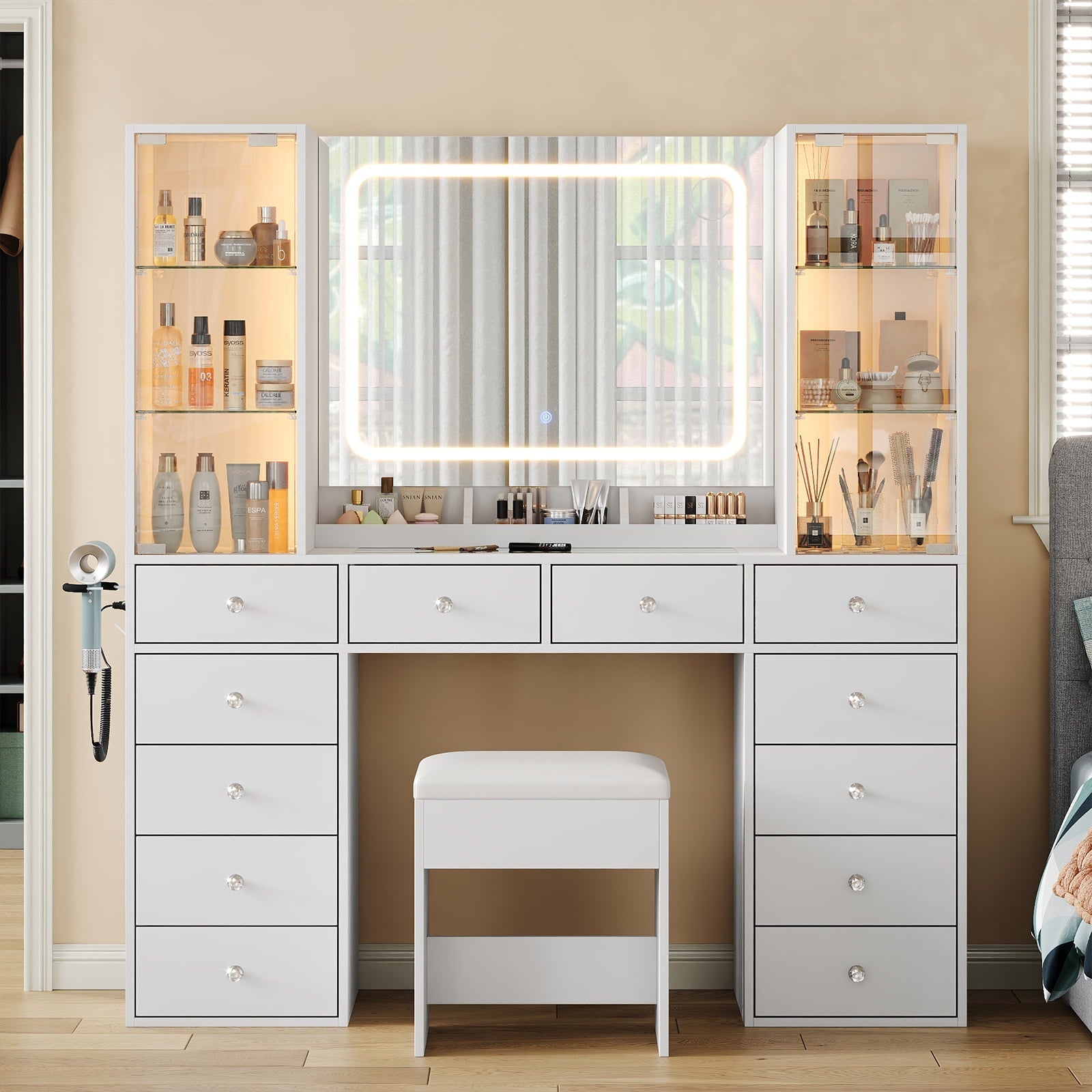 12-Drawer Mirror Vanity Desk - Yanosaku