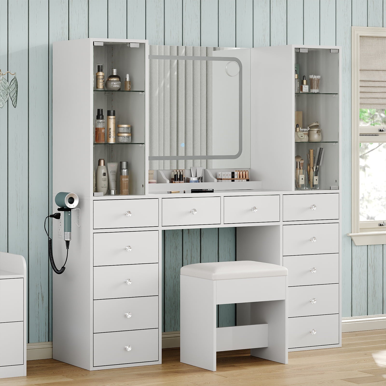12-Drawer Mirror Vanity Desk - Yanosaku