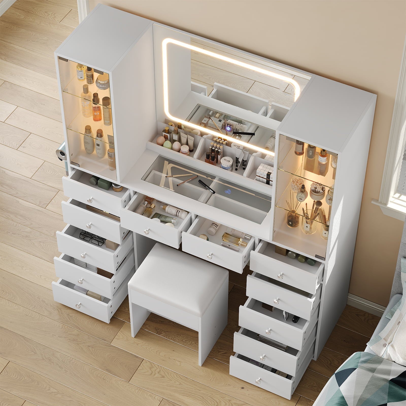 12-Drawer Mirror Vanity Desk - Yanosaku