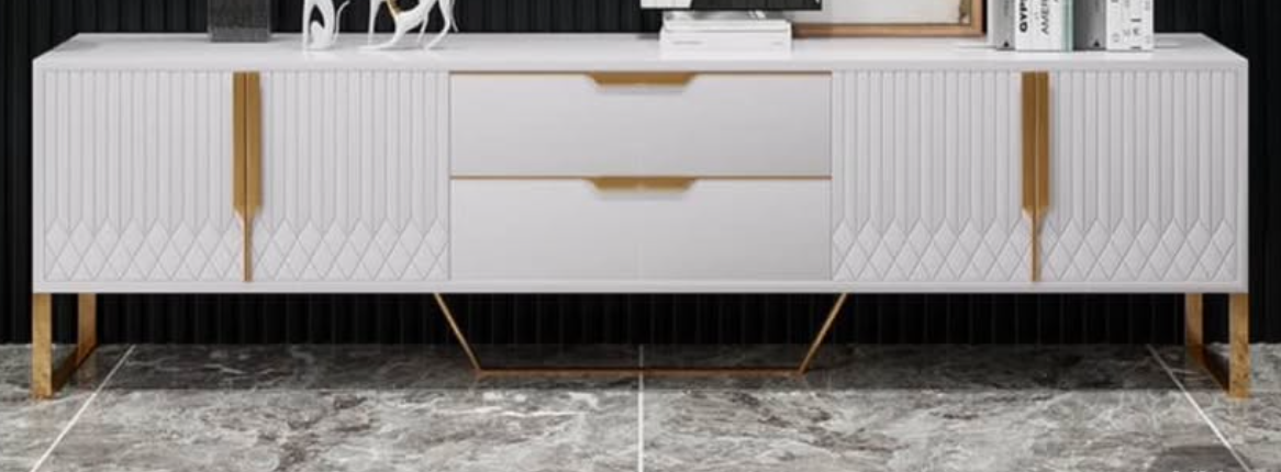 Media Console / TV Stand – White & Gold (Fluted)